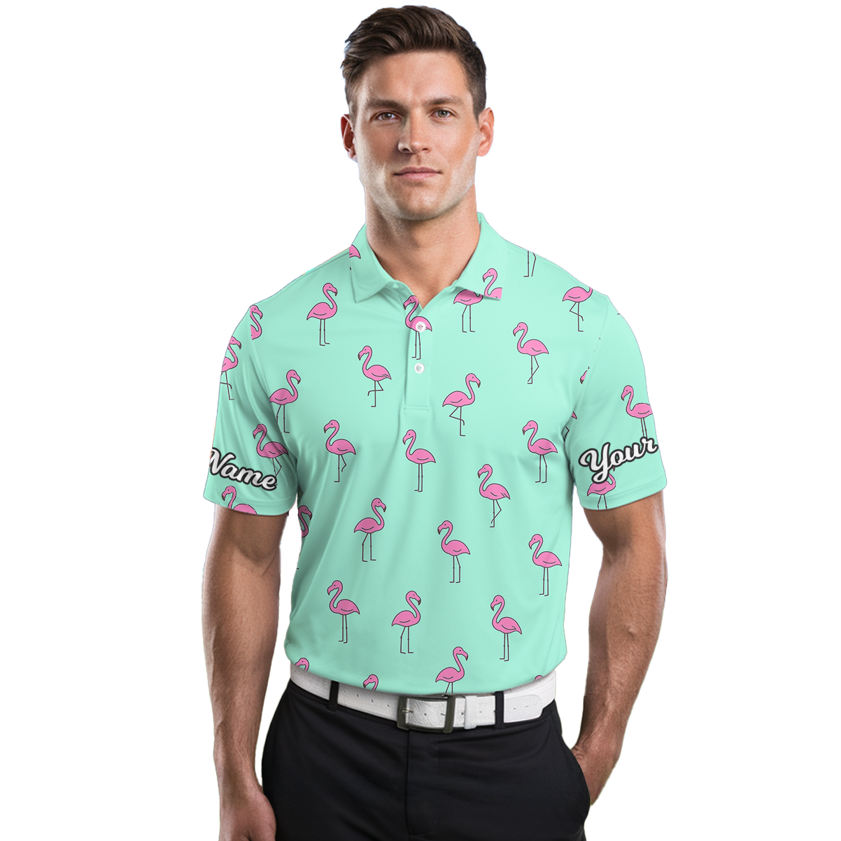 Personalized Pink Flamingo Golf Polo Shirt Teal for Men M9190 additional image 3