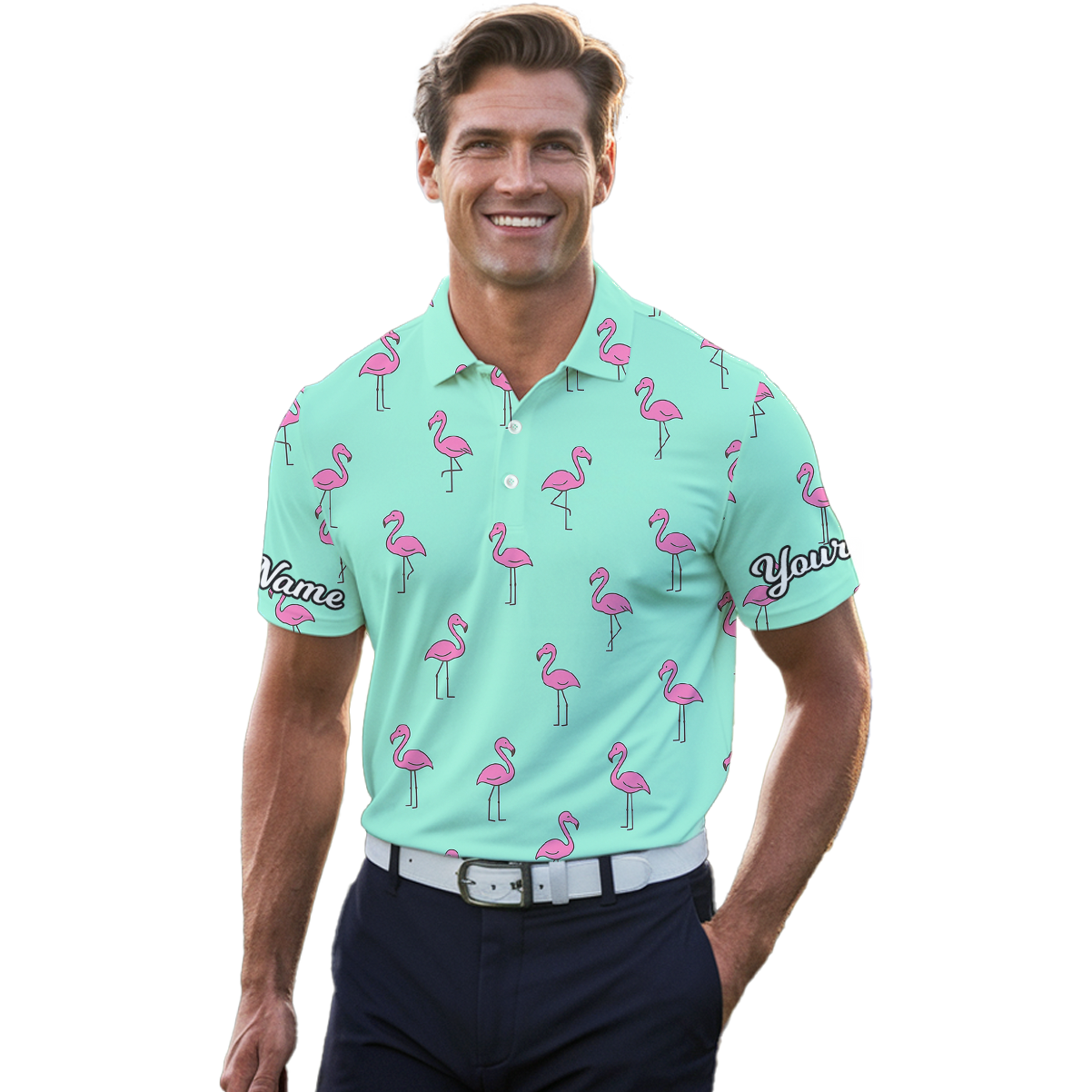 Personalized Pink Flamingo Golf Polo Shirt Teal for Men M9190 additional image 4