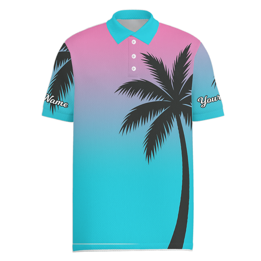 Personalized Beach Sunset Palm Tree Golf Polo for Men Pink Blue Teal V9925 main image - Men Polo S