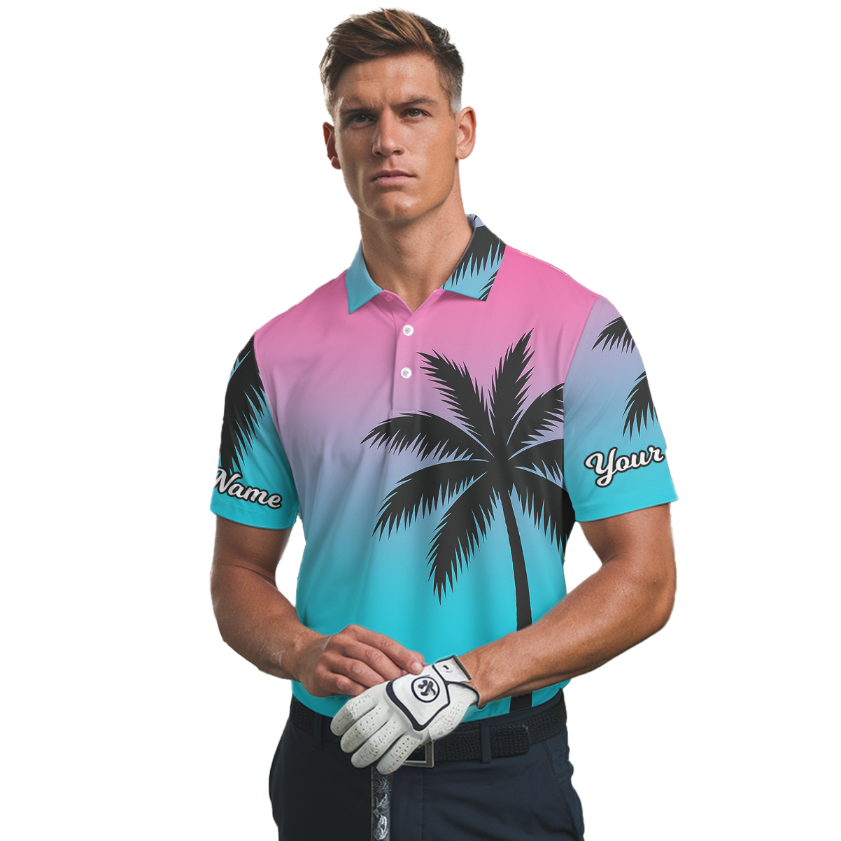 Personalized Beach Sunset Palm Tree Golf Polo for Men Pink Blue Teal V9925 additional image 2