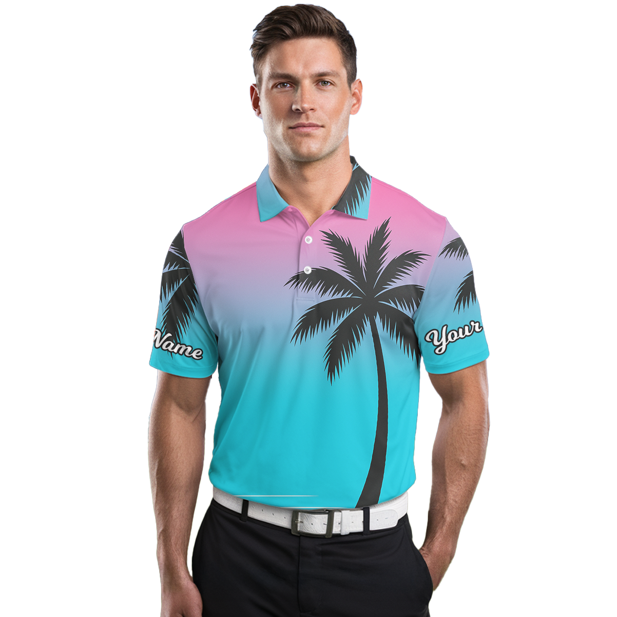Personalized Beach Sunset Palm Tree Golf Polo for Men Pink Blue Teal V9925 additional image 3