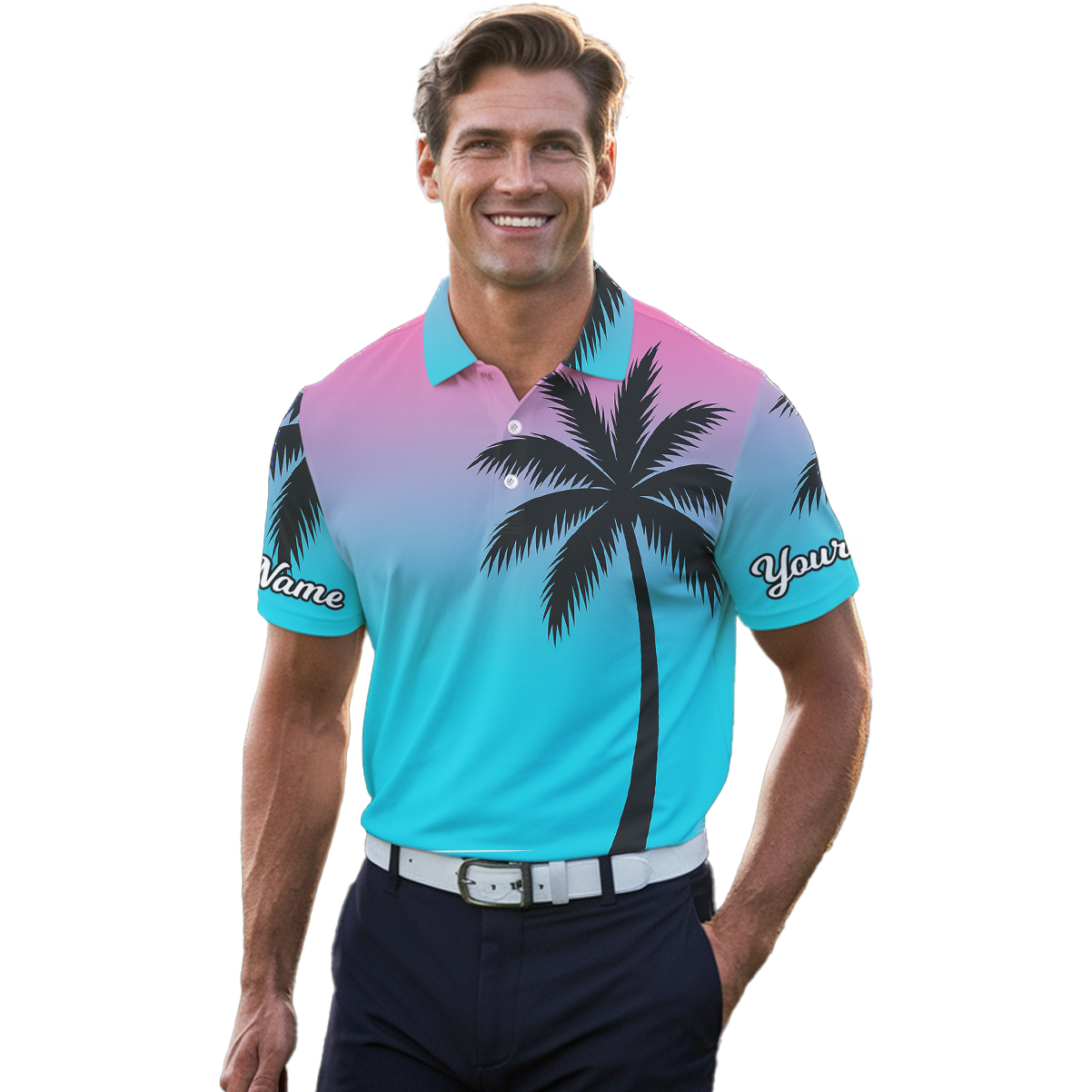 Personalized Beach Sunset Palm Tree Golf Polo for Men Pink Blue Teal V9925 additional image 4
