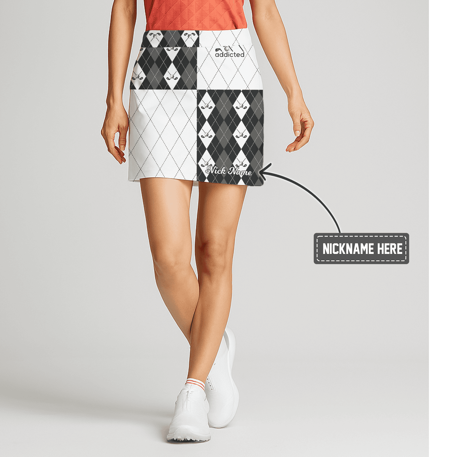 Personalized Women's Quartered Black & White Argyle Golf Skort with Golf Club Icons U4080 main image - S