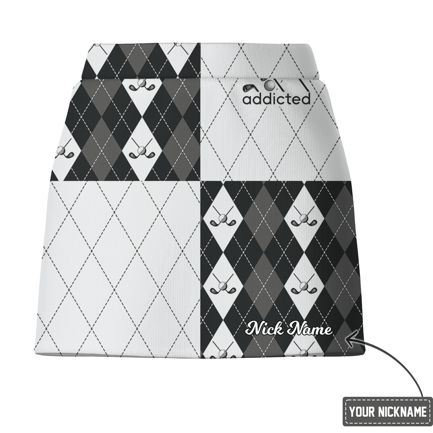 Personalized Women's Quartered Black & White Argyle Golf Skort with Golf Club Icons U4080 additional image 2