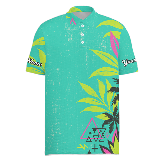 Personalized Men's Retro Tropical Palm Print Golf Polo Teal Pink I8793 main image - Men Polo S