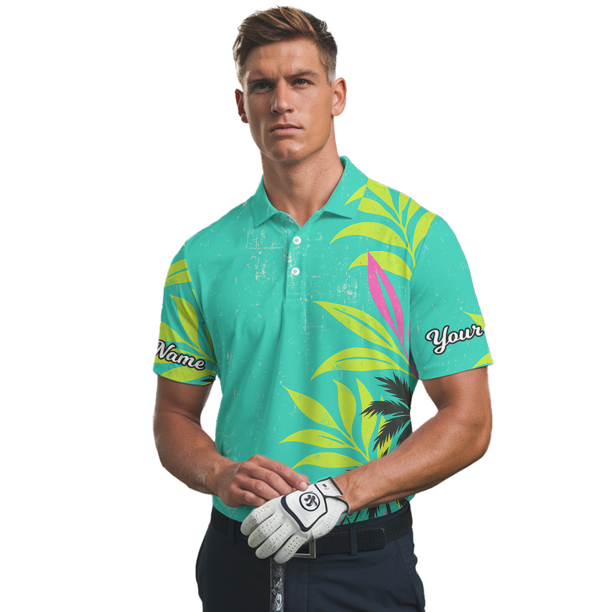 Personalized Men's Retro Tropical Palm Print Golf Polo Teal Pink I8793 additional image 2