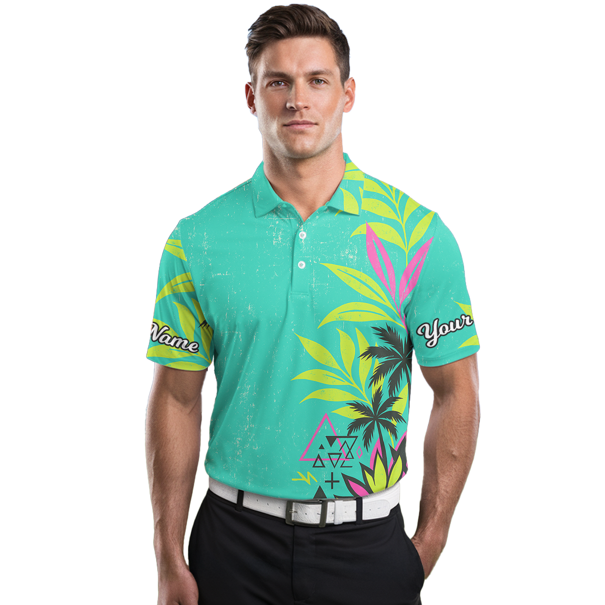 Personalized Men's Retro Tropical Palm Print Golf Polo Teal Pink I8793 additional image 3
