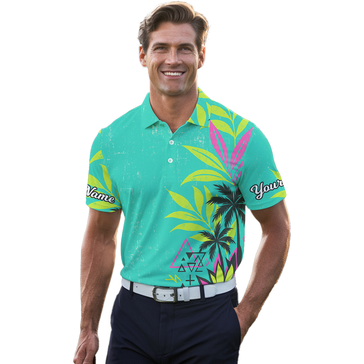Personalized Men's Retro Tropical Palm Print Golf Polo Teal Pink I8793 additional image 4
