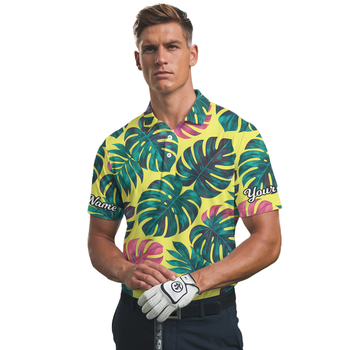 Personalized Yellow Tropical Monstera Leaf Golf Polo Shirt for Men Z3094 additional image 2