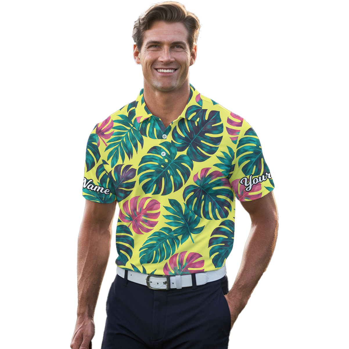 Personalized Yellow Tropical Monstera Leaf Golf Polo Shirt for Men Z3094 additional image 4