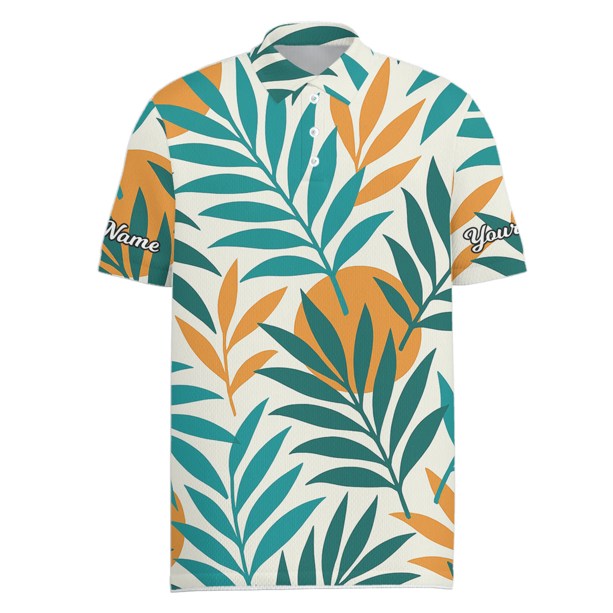 Personalized Men's Tropical Leaf Golf Polo Shirt Teal Orange Custom Name Q8714 main image - Men Polo S