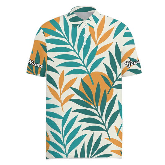 Personalized Men's Tropical Leaf Golf Polo Shirt Teal Orange Custom Name Q8714 main image - Men Polo S