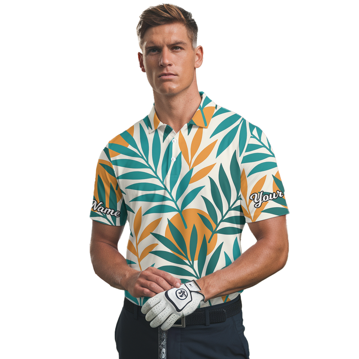 Personalized Men's Tropical Leaf Golf Polo Shirt Teal Orange Custom Name Q8714 additional image 2