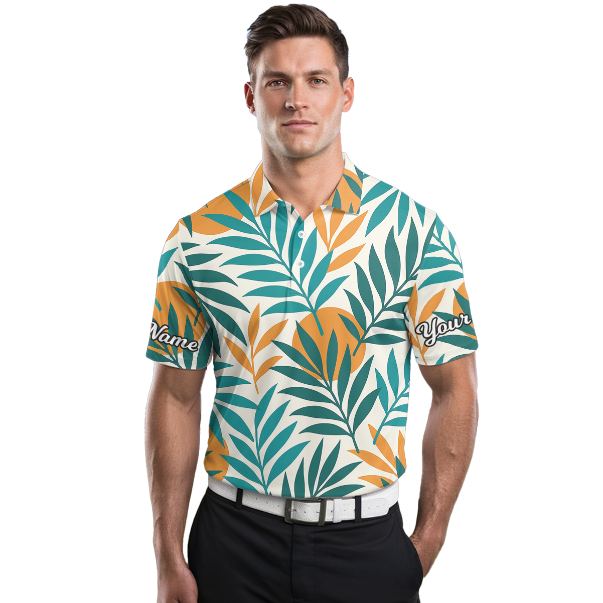 Personalized Men's Tropical Leaf Golf Polo Shirt Teal Orange Custom Name Q8714 additional image 3