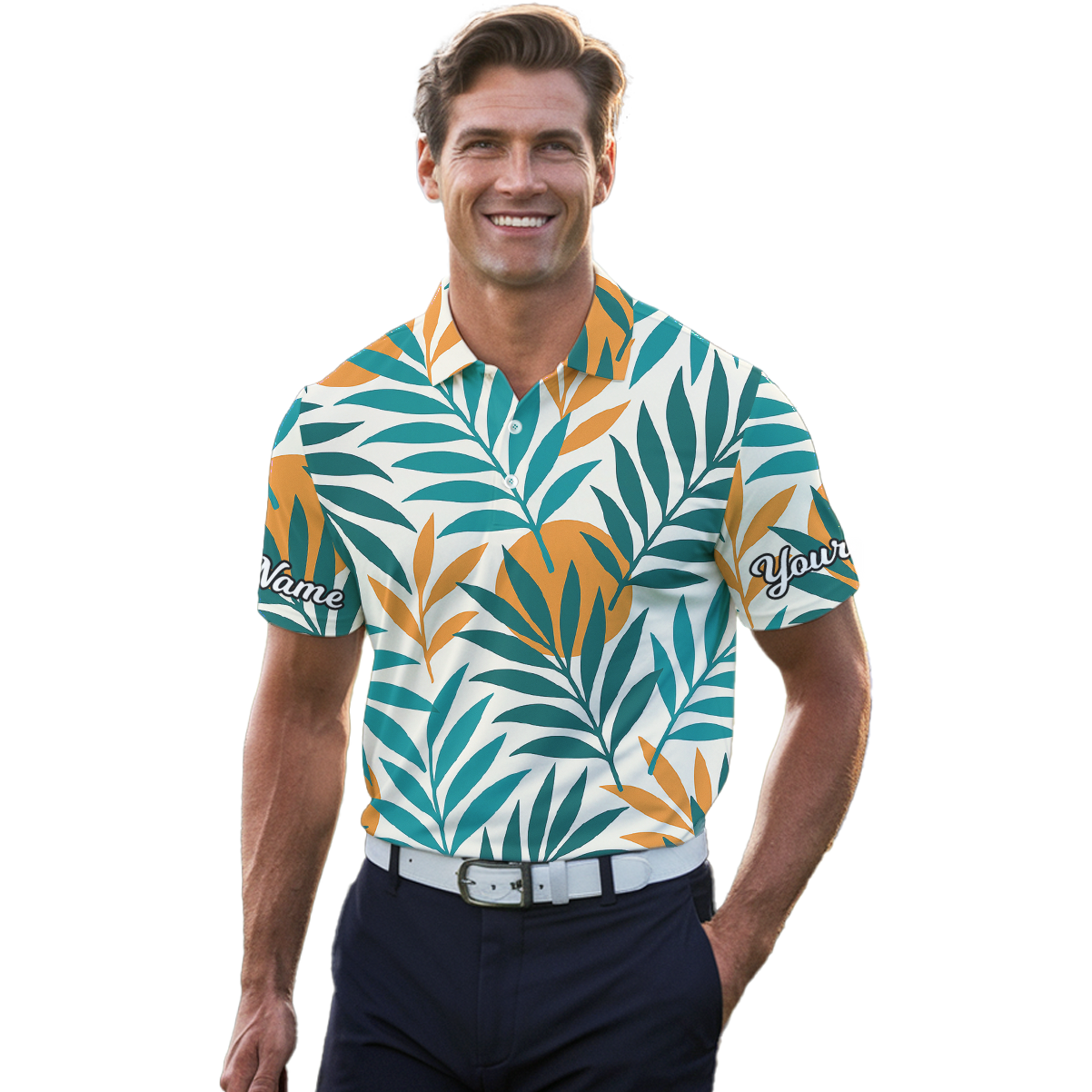 Personalized Men's Tropical Leaf Golf Polo Shirt Teal Orange Custom Name Q8714 additional image 4