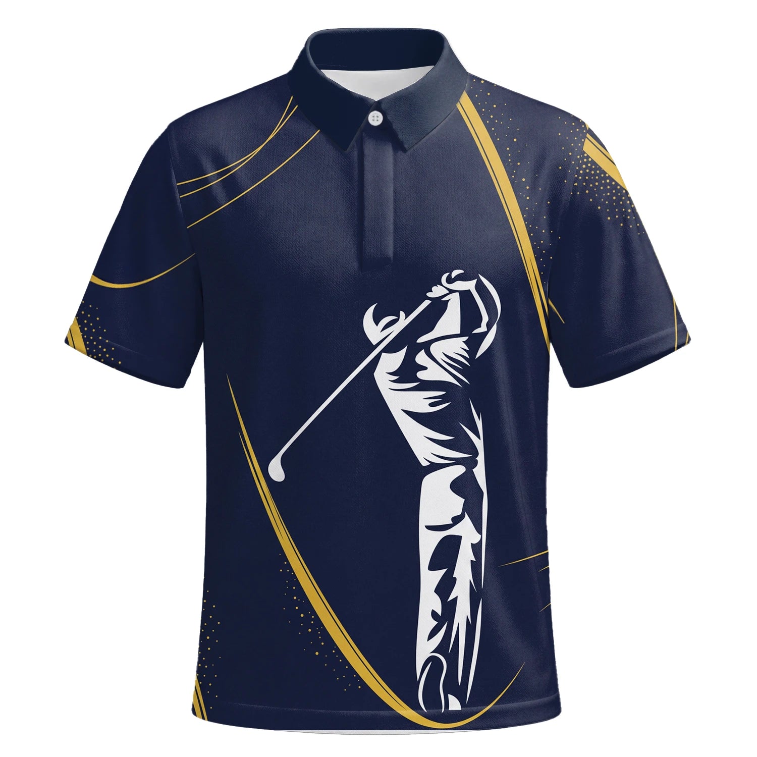 Personalised Navy Gold Golfer Swing Silhouette Golf Polo Shirt For Men A1639 | Premium Short Sleeve | 6.webp