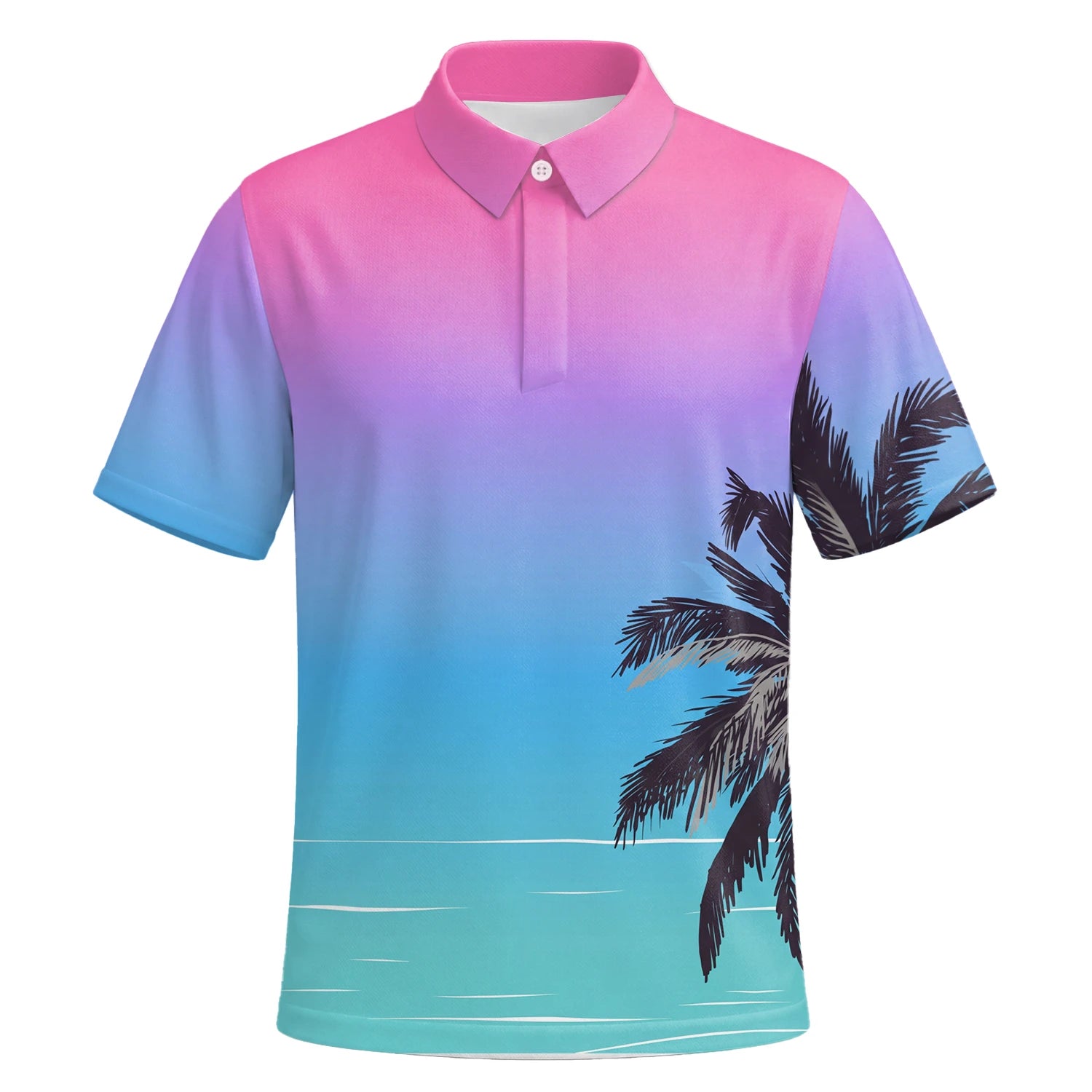 Personalised Pink Blue Palm Beach Sunset Golf Polo Shirt For Men Q3519 | Premium Short Sleeve | 6.webp