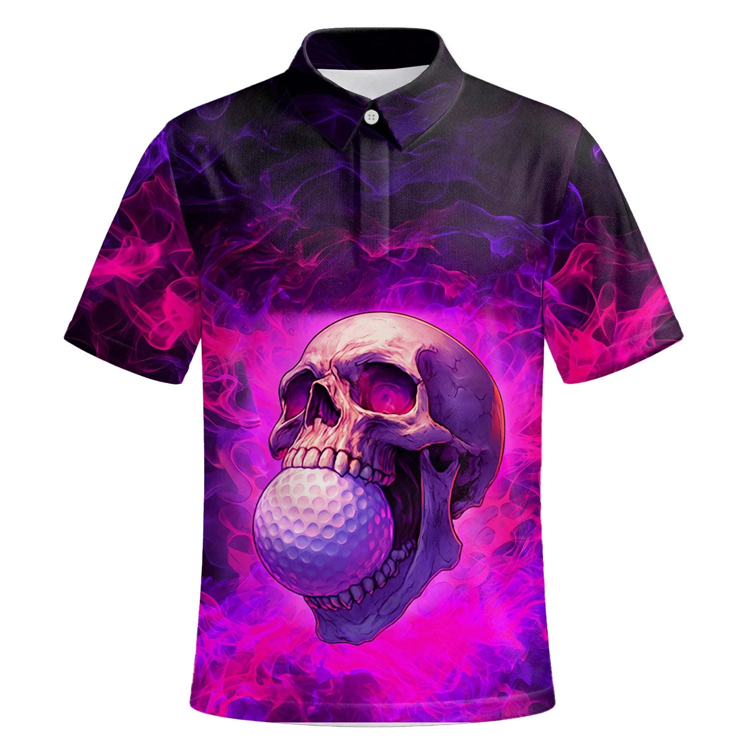 Personalised Purple Pink Skull Golf Ball Smoke Golf Polo Shirt For Men L7637 | Premium Short Sleeve | 6.webp