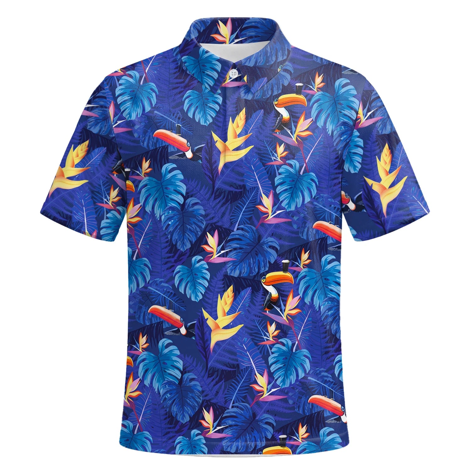 Personalised Navy Blue Tropical Toucan Leaf Golf Polo Shirt For Men S1836 | Premium Short Sleeve | 6.webp