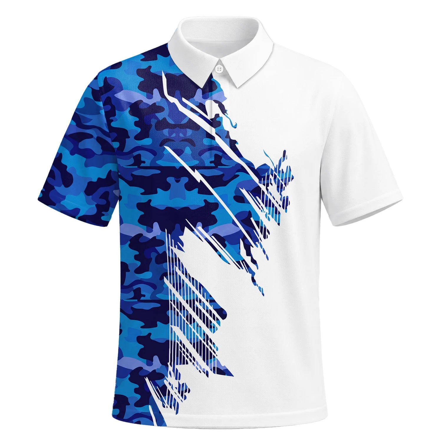 Personalised White Blue Camo Brush Stroke Golf Polo Shirt For Men M3845 | Premium Short Sleeve | 6.webp