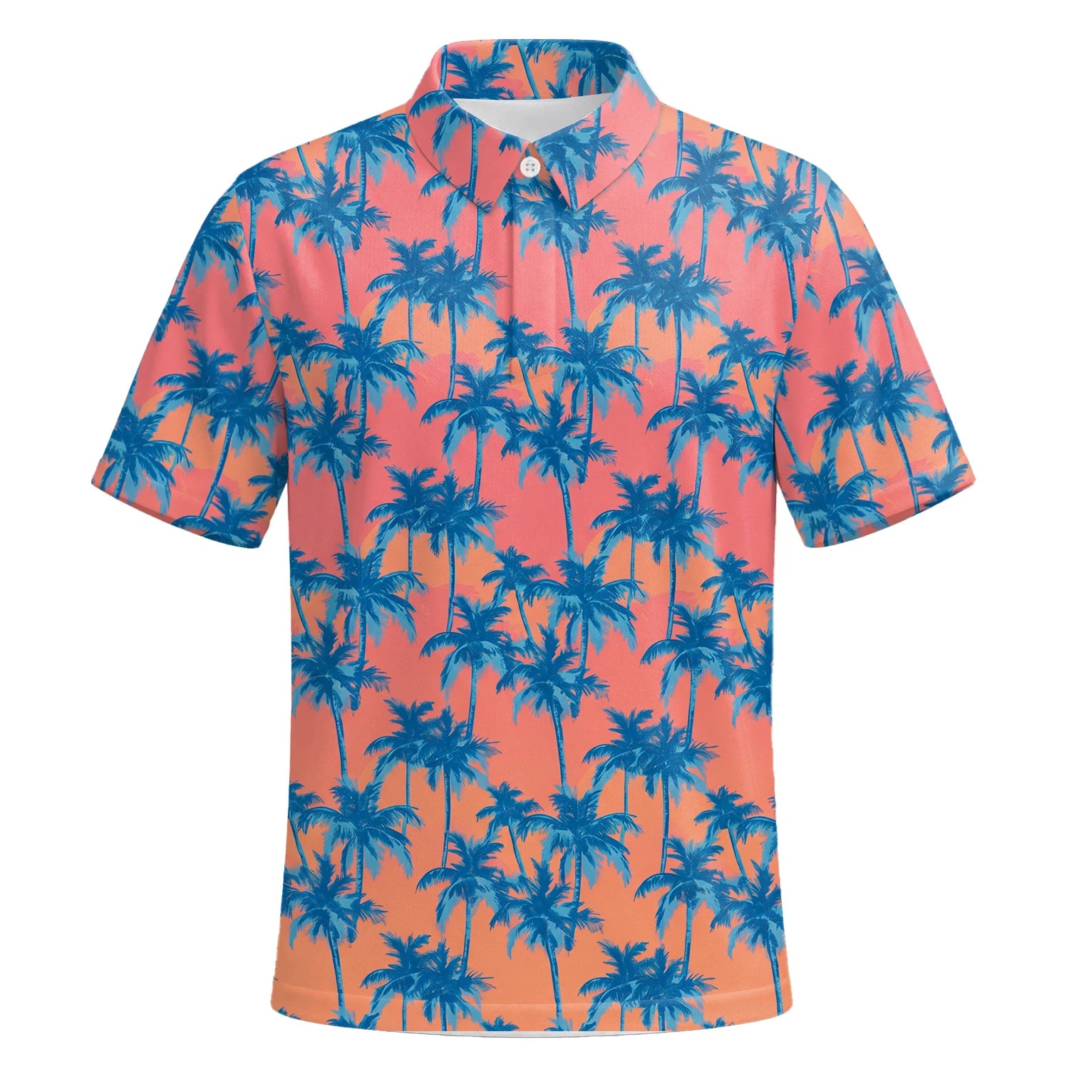 Personalised Coral Pink Blue Palm Tree Golf Polo Shirt For Men A5845 | Premium Short Sleeve | 6.webp