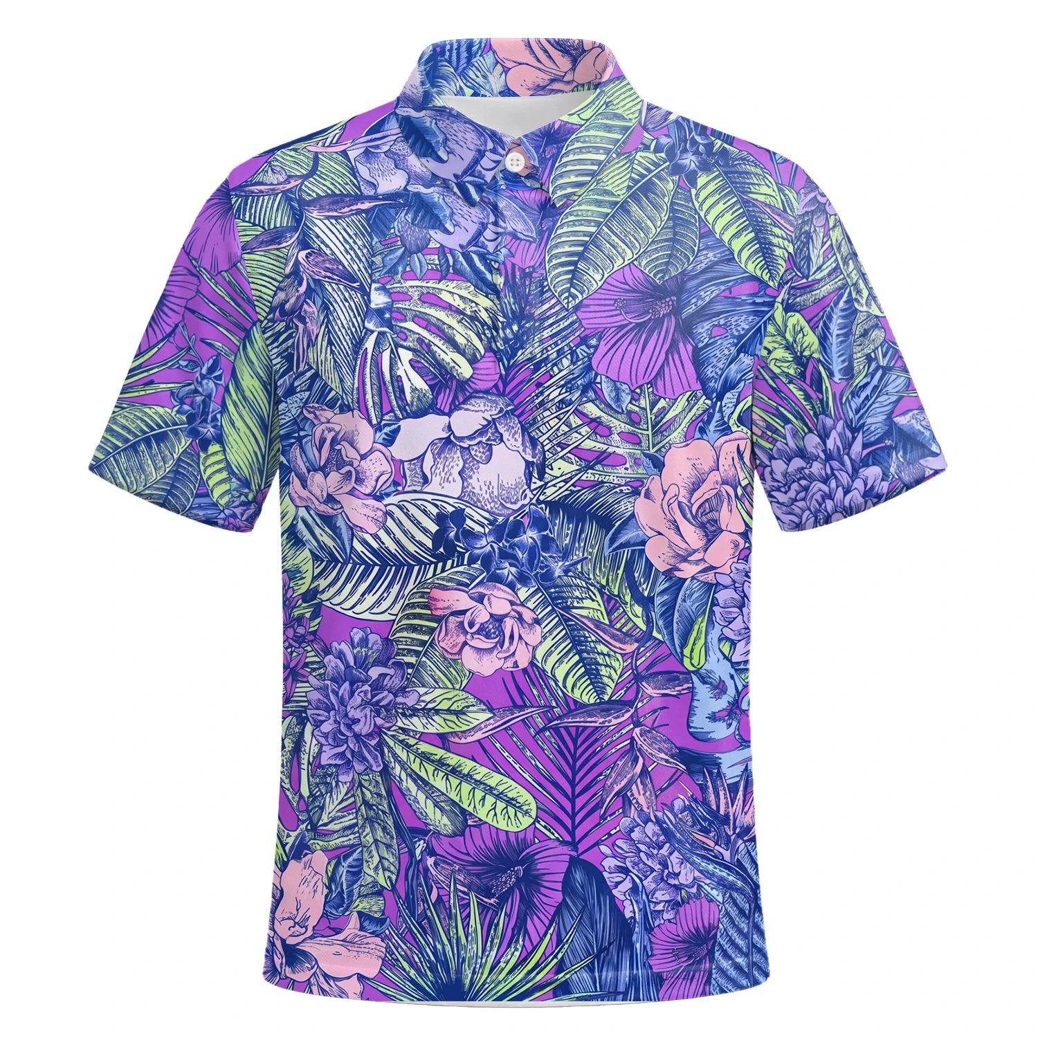 Personalised Purple Blue Tropical Floral Leaf Golf Polo Shirt For Men B8037 | Premium Short Sleeve | 6.webp