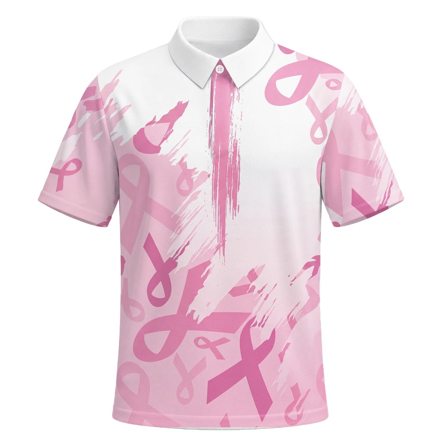 Personalised White Pink Breast Cancer Awareness Ribbon Brush Stroke Golf Polo Shirt For Men U4702 | Premium Short Sleeve | 6.webp