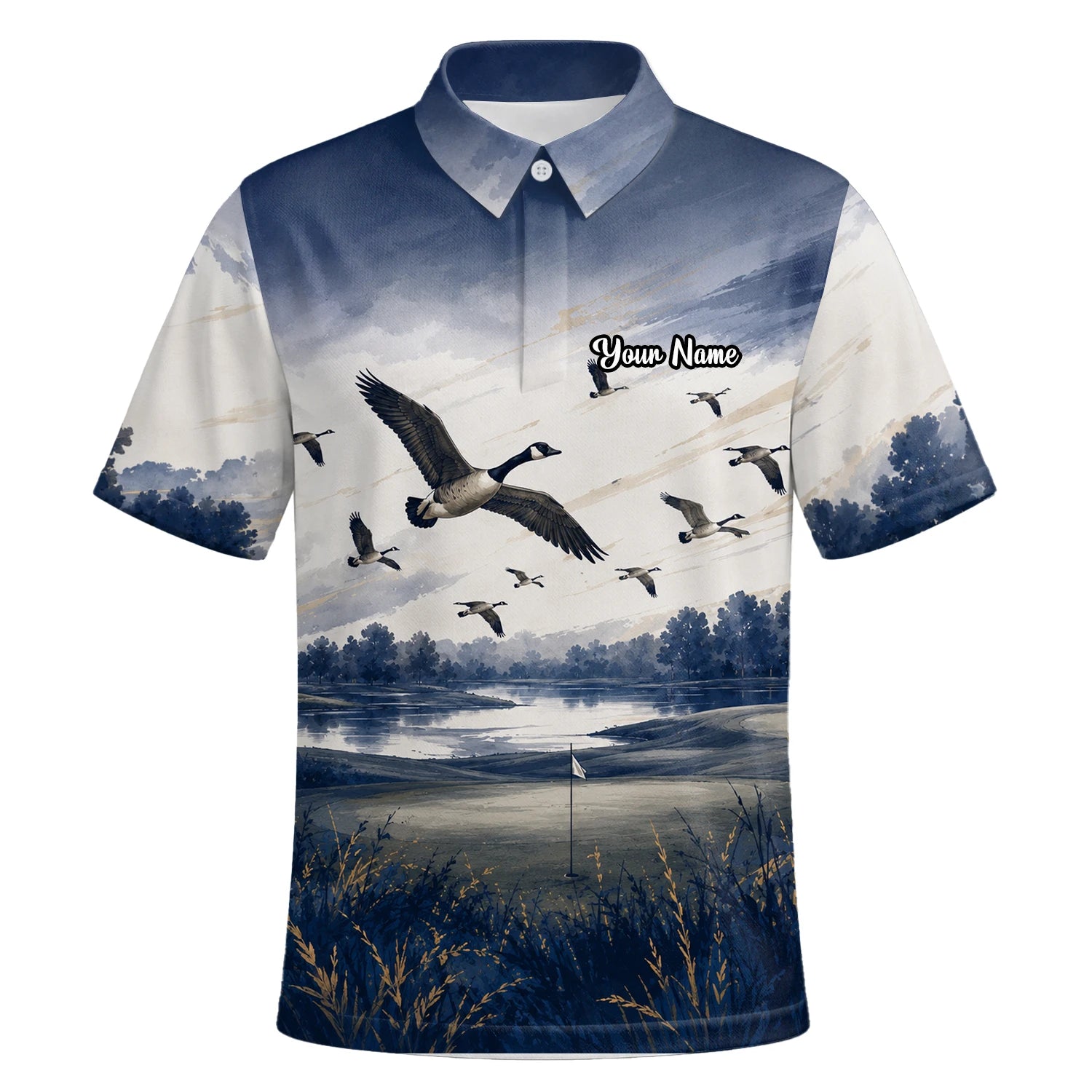 Personalised Dark Navy Watercolour Canada Geese Golf Polo Shirt For Men L8594