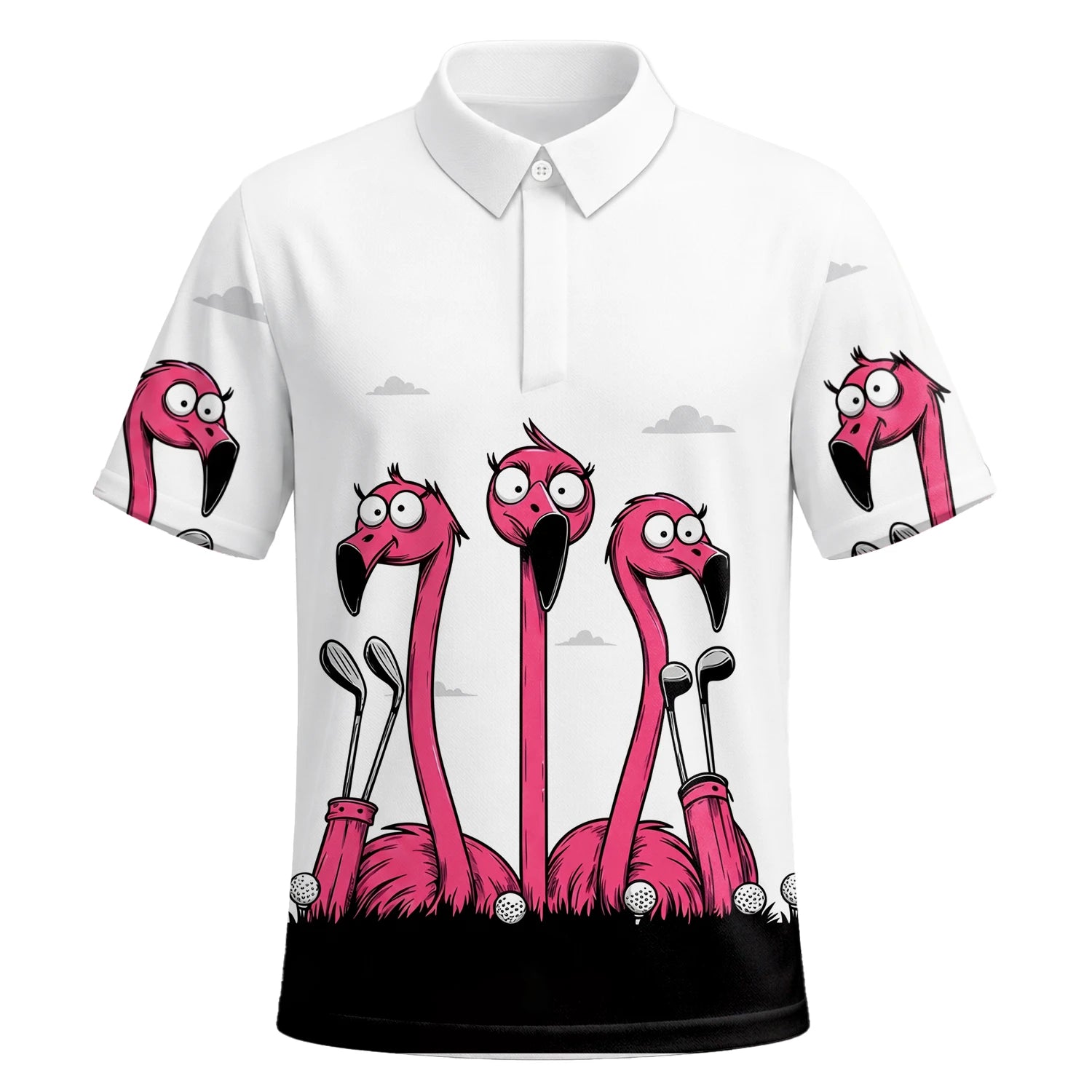 Personalised White Pink Flamingo Cartoon Golf Polo Shirt For Men I6113 | Premium Short Sleeve | 6.webp