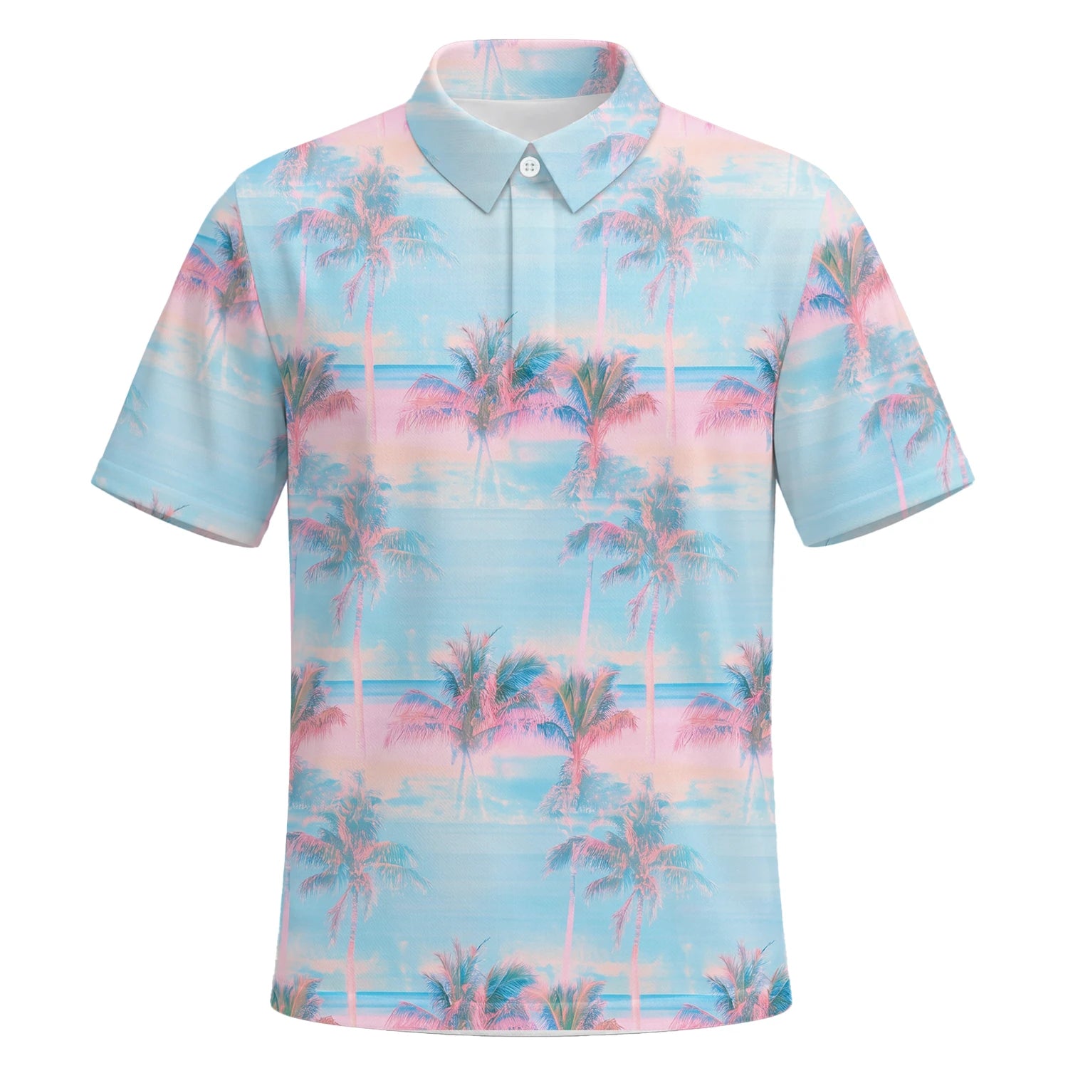 Personalised Pastel Blue Pink Palm Sunset Golf Polo Shirt For Men G4431 | Premium Short Sleeve | 6.webp