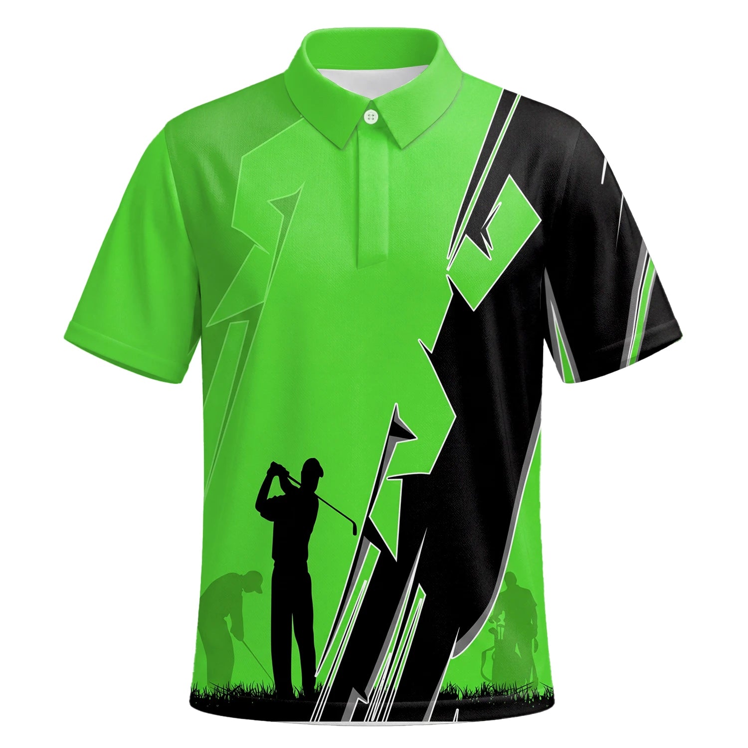 Personalised Lime Green Golfer Silhouette Lightning Golf Polo Shirt For Men V5316 | Premium Short Sleeve | 6.webp