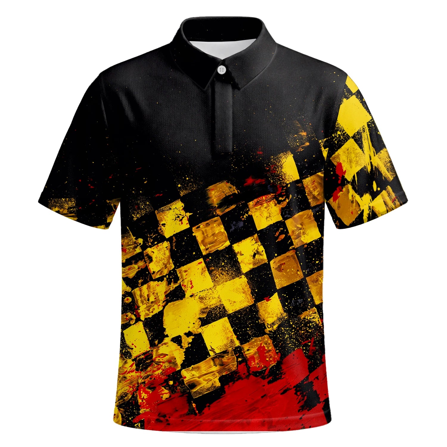 Personalised Black Yellow Red Grunge Checkerboard Golf Polo Shirt For Men R0396 | Premium Short Sleeve | 6.webp