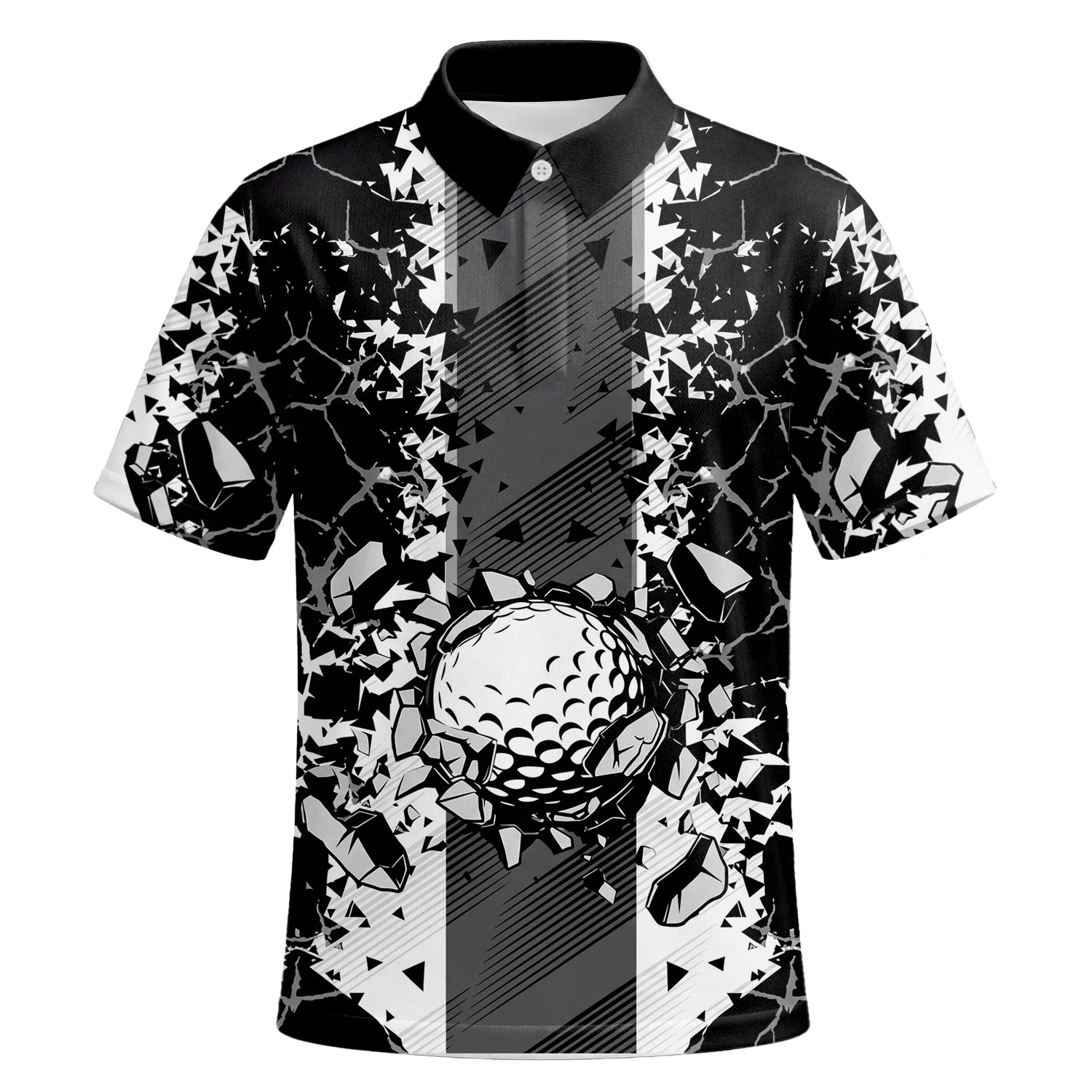 Personalised Black White Golf Ball Shattered Glass Golf Polo Shirt For Men F6407 | Premium Short Sleeve | 6.webp