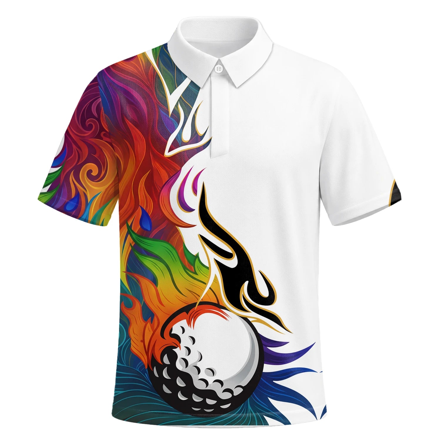 Personalised White Rainbow Flame Golf Ball Golf Polo Shirt For Men P6012 | Premium Short Sleeve | 6.webp