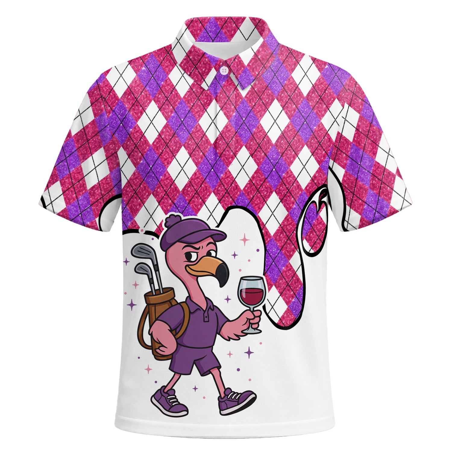 Personalised Pink Purple Argyle Ostrich Golfer Cartoon Golf Polo Shirt For Men D7000 | Premium Short Sleeve | 6.webp