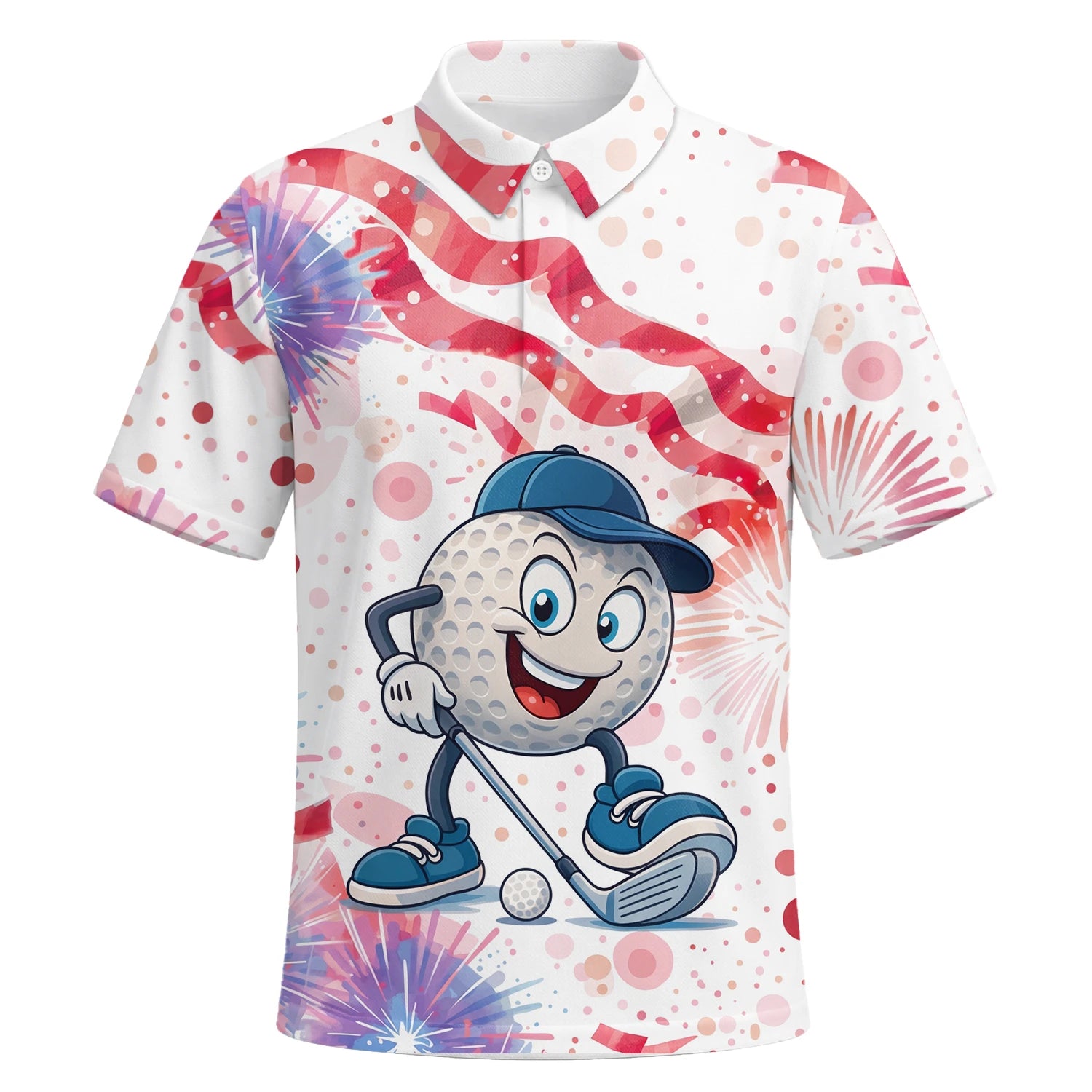 Personalised White Pink Golf Ball Cartoon Firework Golf Polo Shirt For Men C2083 | Premium Short Sleeve | 6.webp