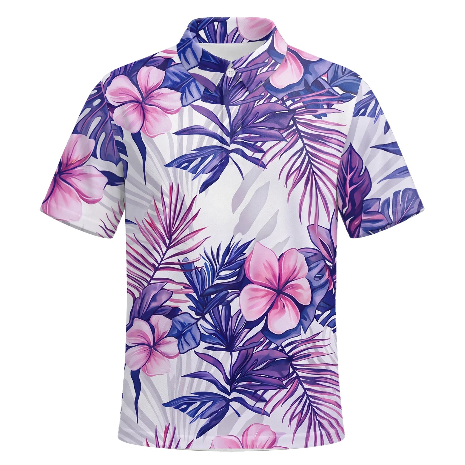 Personalised White Purple Tropical Hibiscus Leaf Golf Polo Shirt For Men H1054 | Premium Short Sleeve | 6.webp
