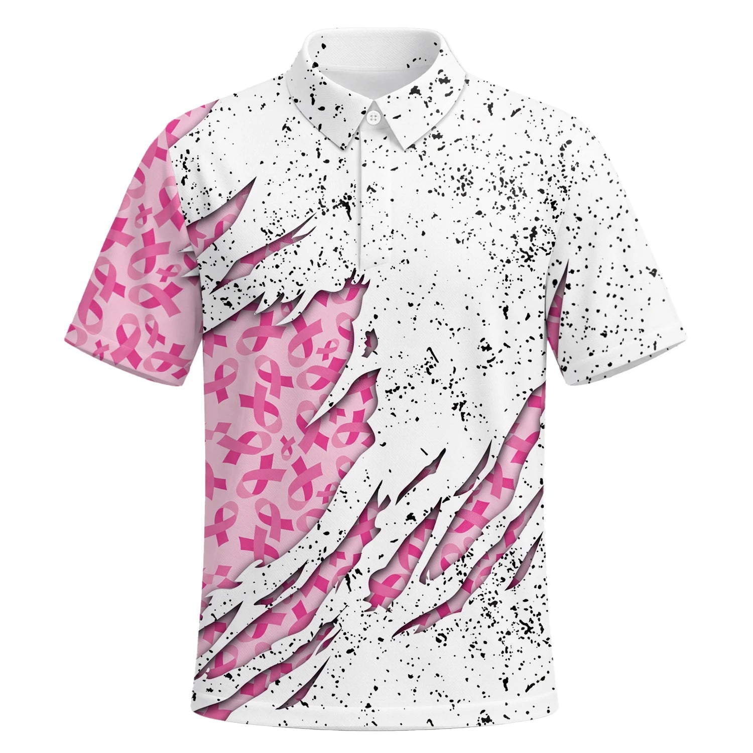 Personalised White Pink Breast Cancer Ribbon Torn Golf Polo Shirt For Men B7190 | Premium Short Sleeve | 6.webp