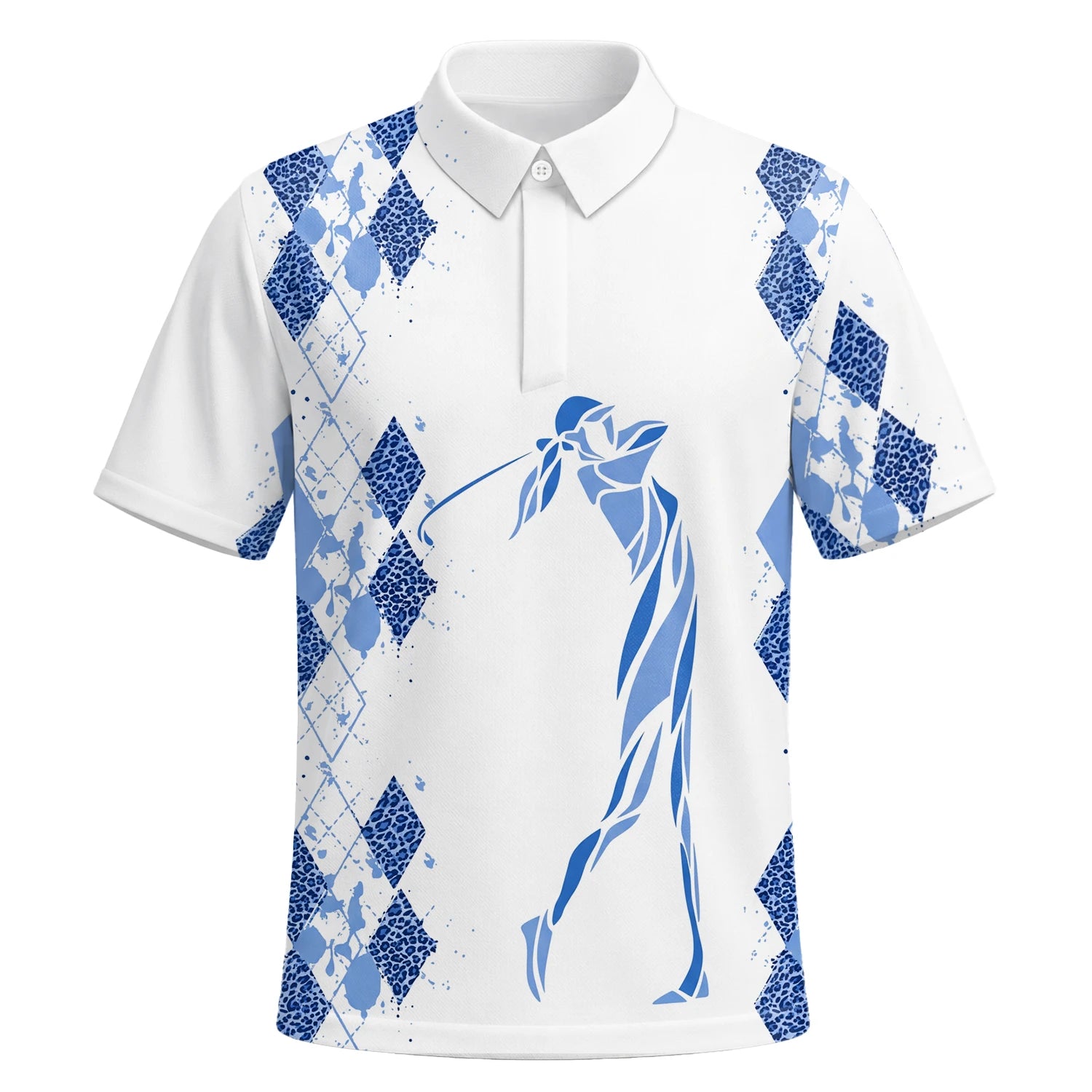 Personalised White Blue Argyle Golfer Silhouette Golf Polo Shirt For Men M6672 | Premium Short Sleeve | 6.webp