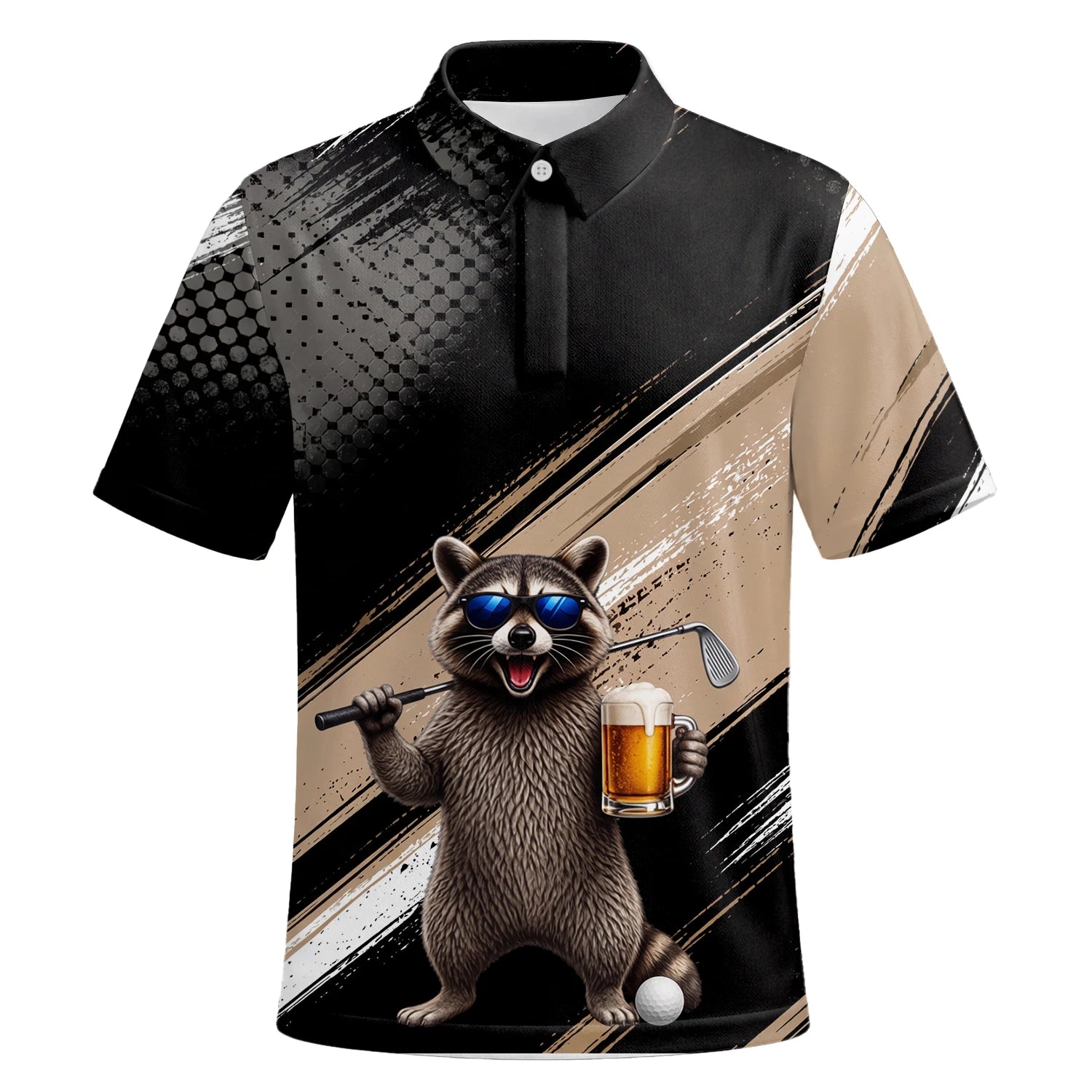 Personalised Black Beige Raccoon Beer Golfer Cartoon Golf Polo Shirt For Men K7921 | Premium Short Sleeve | 6.webp