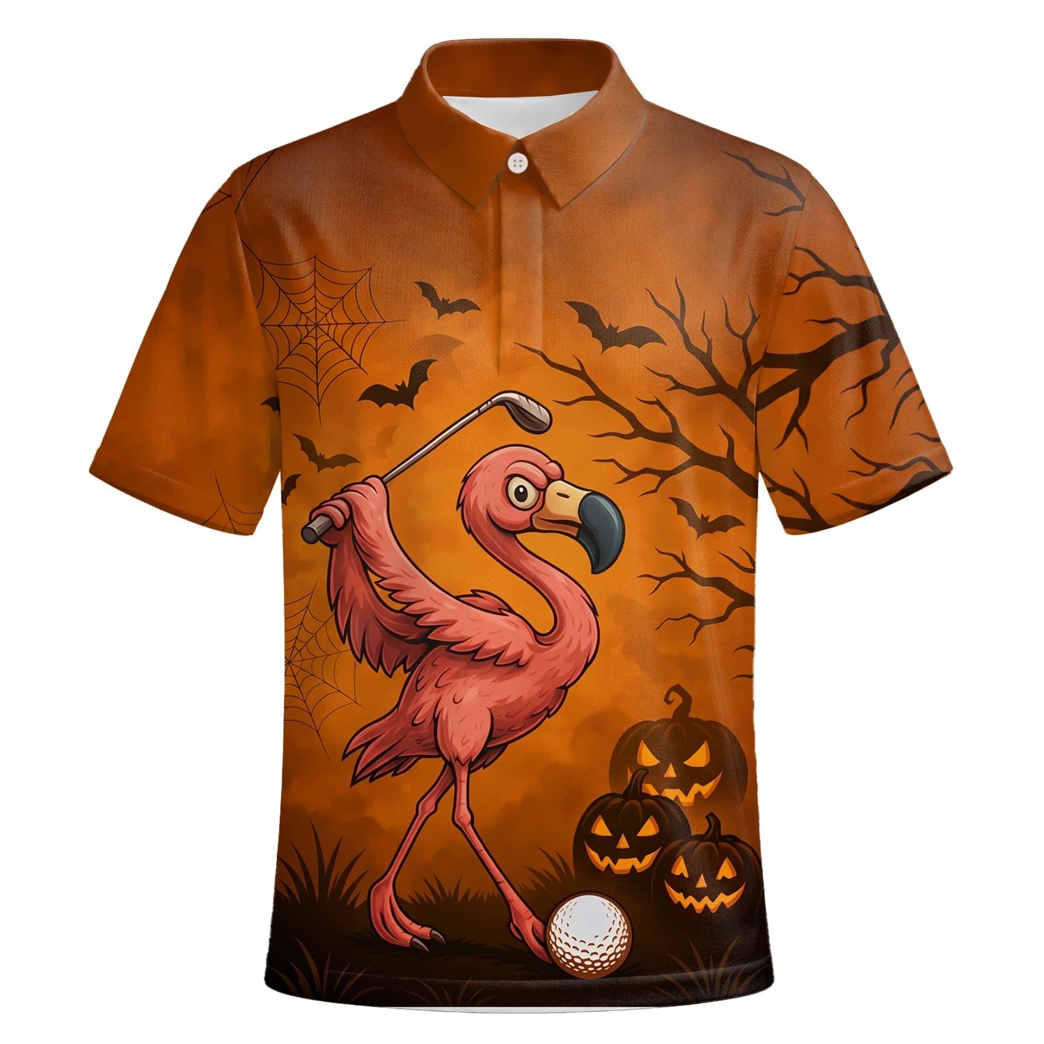 Personalised Orange Halloween Flamingo Golfer Pumpkin Golf Polo Shirt For Men V7072 | Premium Short Sleeve | 6.webp