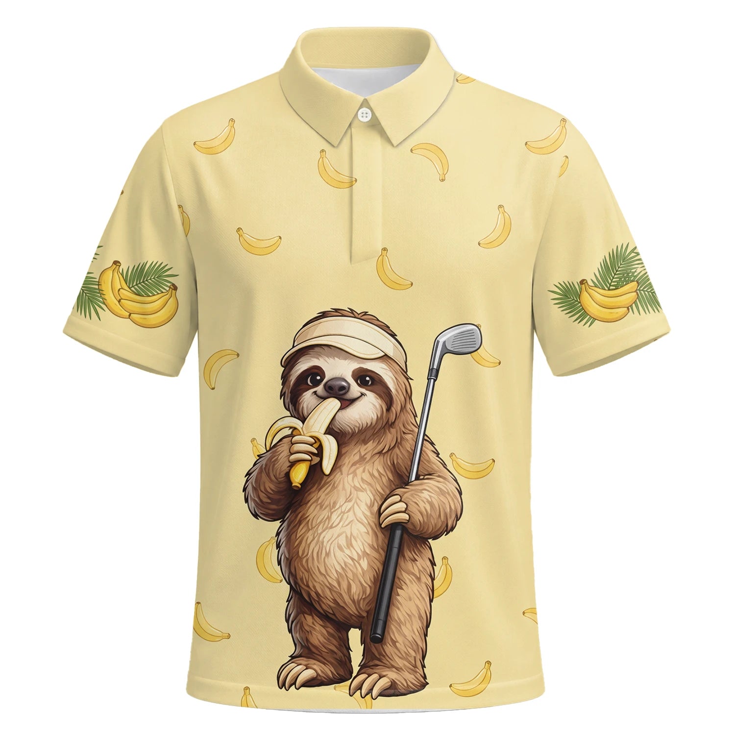 Personalised Pale Yellow Sloth Banana Golfer Cartoon Golf Polo Shirt For Men G3327 | Premium Short Sleeve | 6.webp
