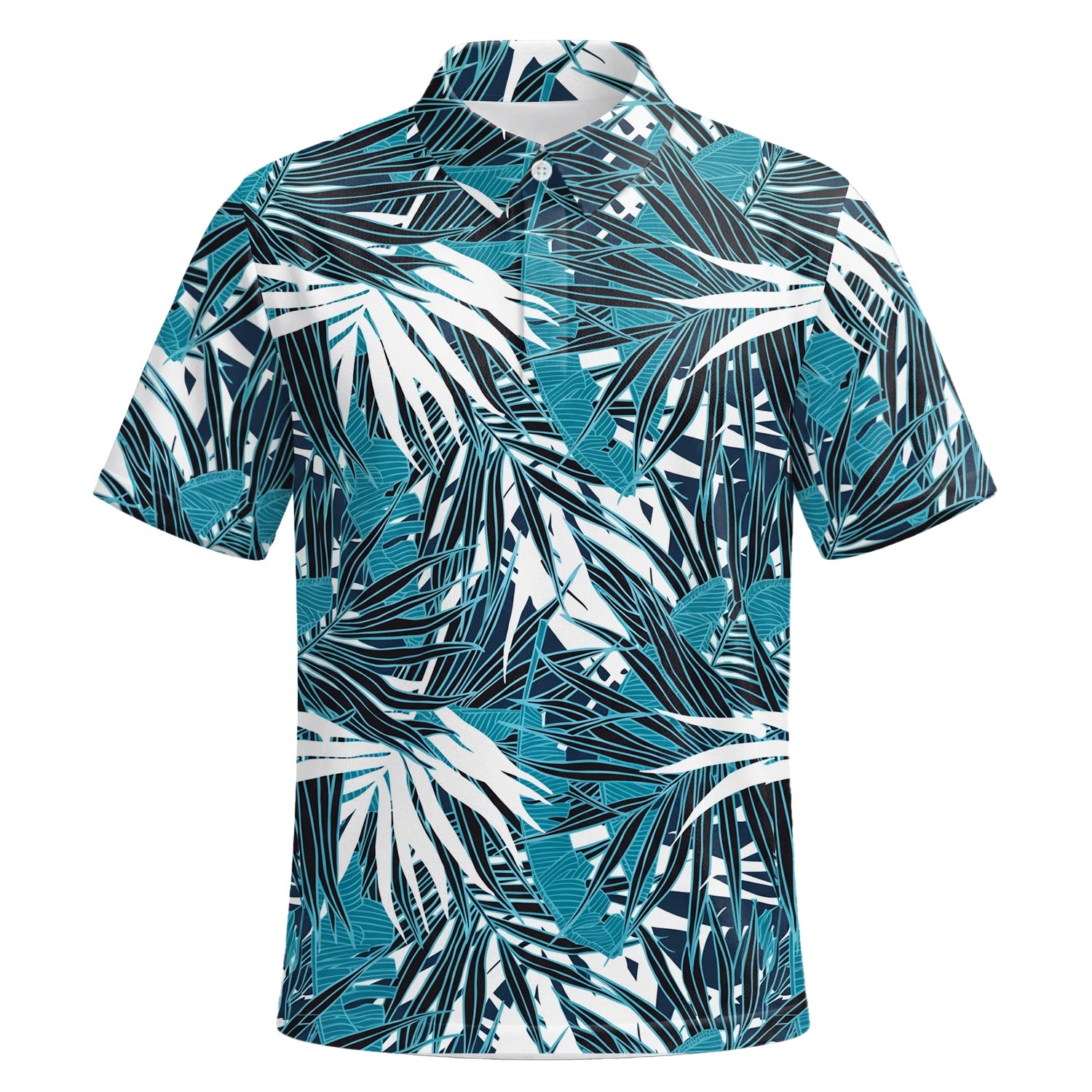 Personalised Teal Black White Palm Leaf Golf Polo Shirt For Men S8543 | Premium Short Sleeve | 6.webp