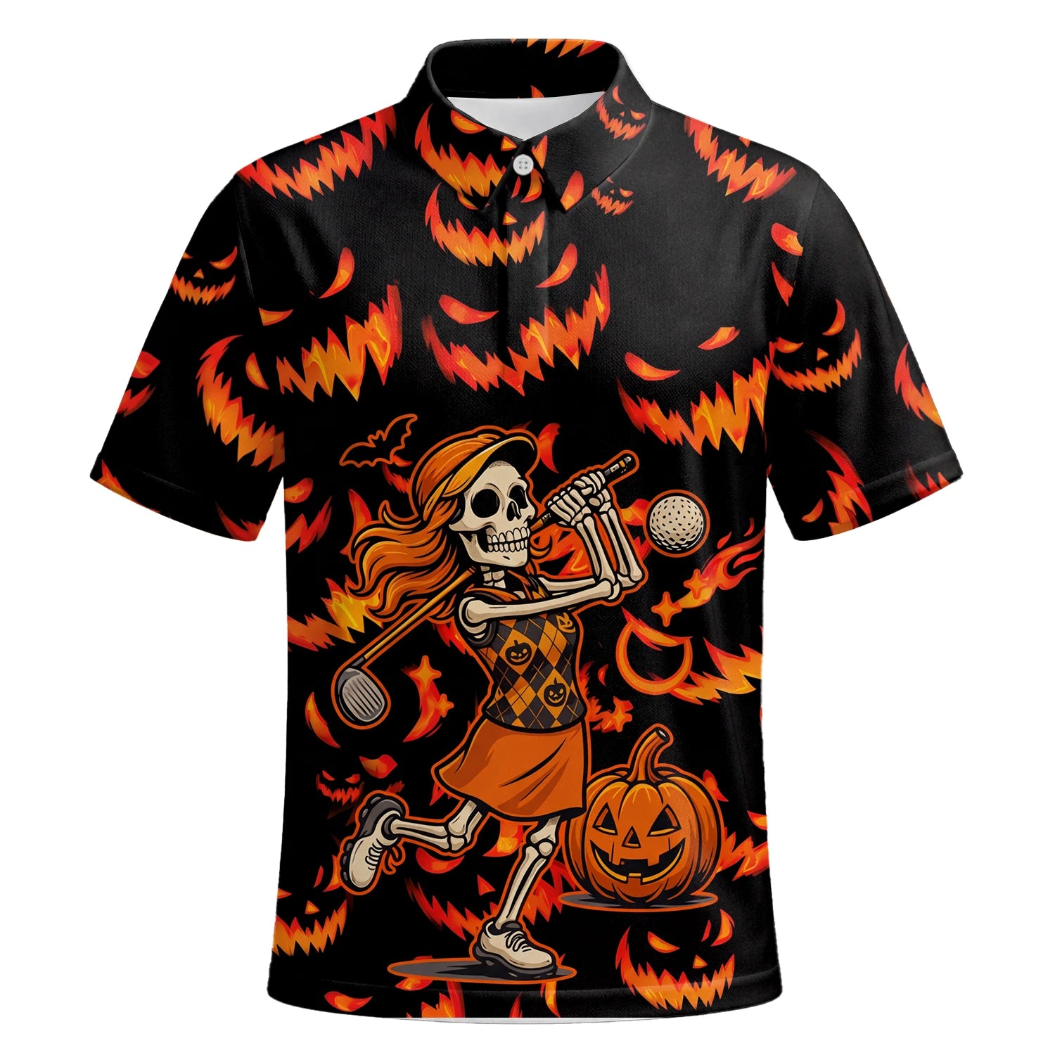 Personalised Black Orange Halloween Skeleton Golfer Pumpkin Golf Polo Shirt For Men N7108 | Premium Short Sleeve | 6.webp
