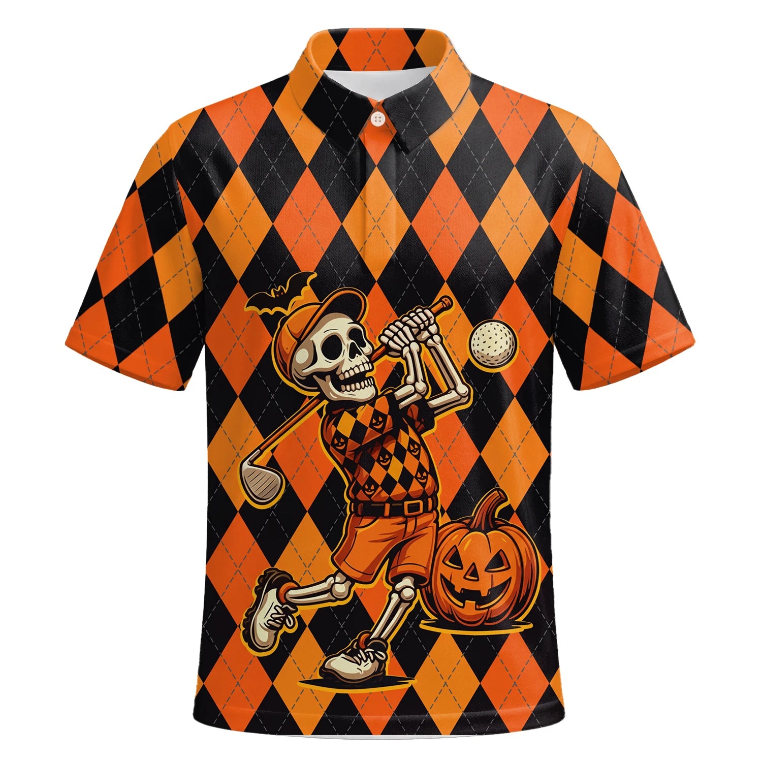 Personalised Orange Black Halloween Skeleton Golfer Argyle Golf Polo Shirt For Men I4585 | Premium Short Sleeve | 6.webp