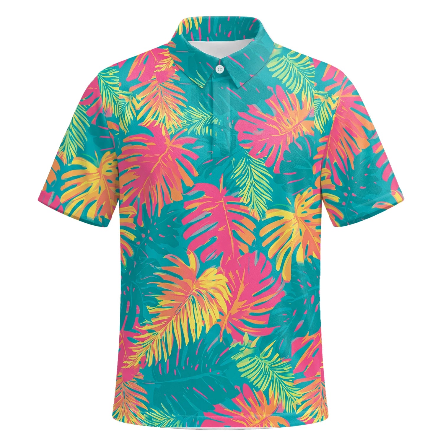 Personalised Teal Coral Tropical Leaf Golf Polo Shirt For Men H8937 | Premium Short Sleeve | 6.webp