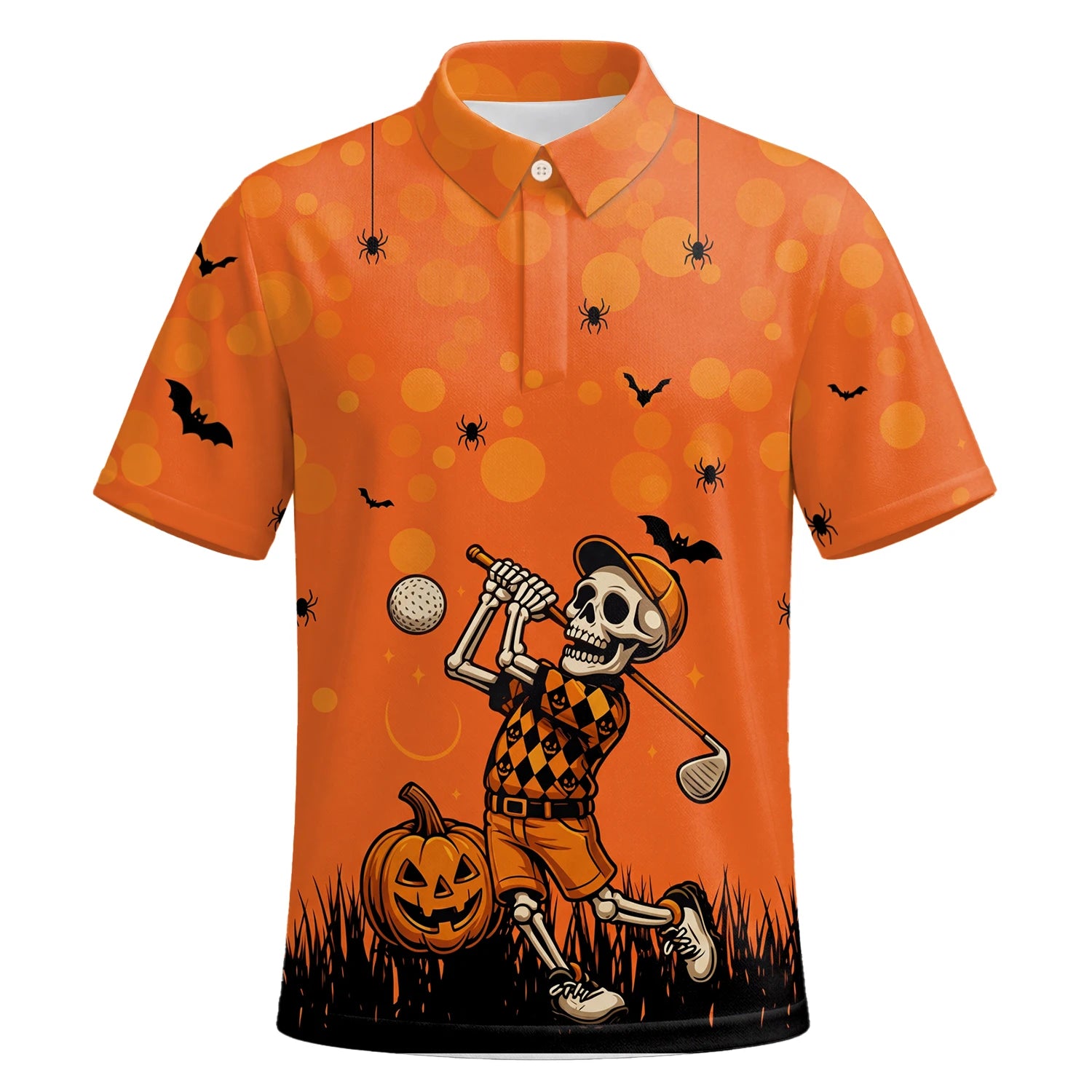 Personalised Orange Halloween Skeleton Golfer Golf Polo Shirt For Men D3851 | Premium Short Sleeve | 6.webp