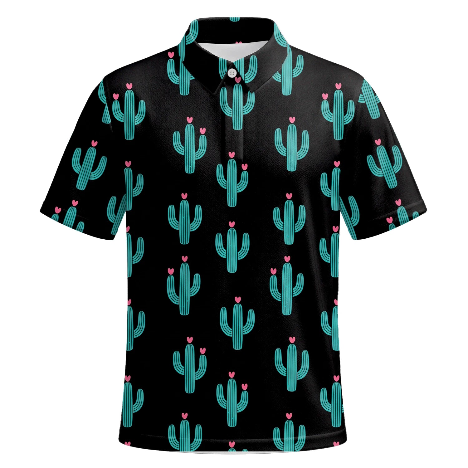 Personalised Black Turquoise Cactus Heart Golf Polo Shirt For Men L0709 | Premium Short Sleeve | 6.webp