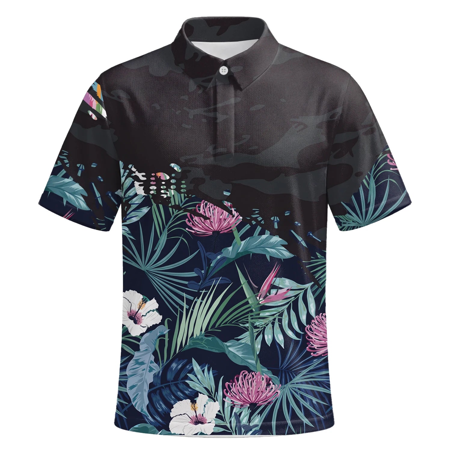 Personalised Navy Tropical Floral Leaf Golf Polo Shirt For Men N4110 | Premium Short Sleeve | 6.webp