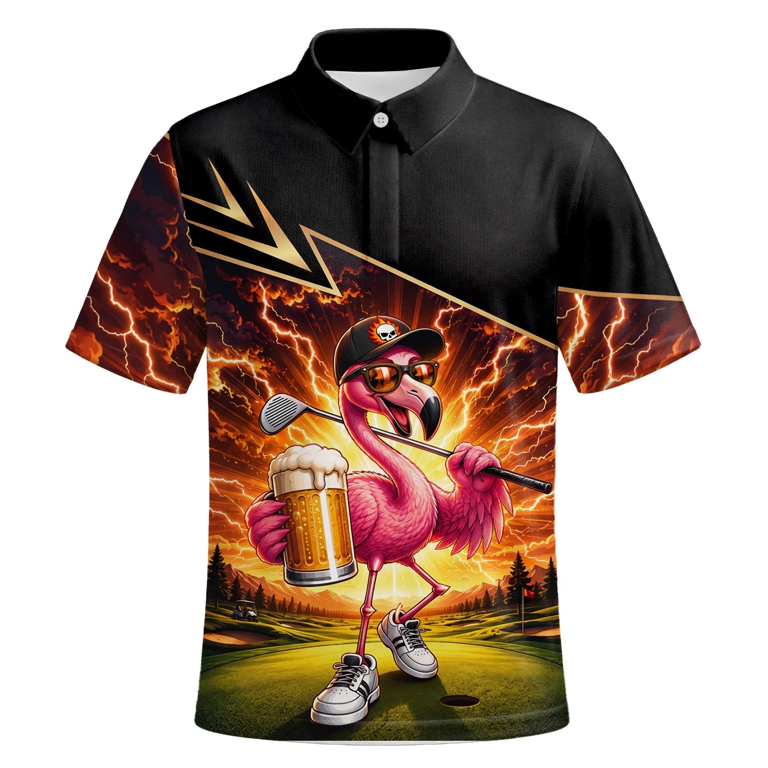 Personalised Black Orange Flamingo Beer Golfer Lightning Golf Polo Shirt For Men E3673 | Premium Short Sleeve | 6.webp